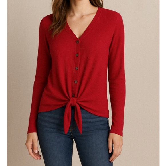 Skies Are Blue Tops - Skies Are Blue Waffle Knit Long Sleeve Tie Front Top Size Medium